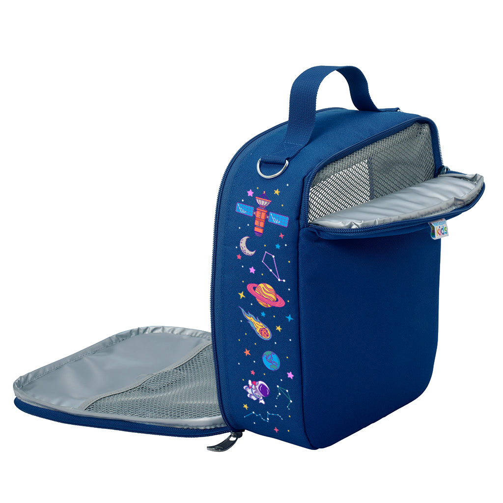 Harlequin Large Lunch bag in Navy with Galaxy Girl design from the Harlequin Creatix Signature Series. Open back view displaying mesh cold brick pocket, insulated inner lining, top handle, D-Ring and quality zippers.