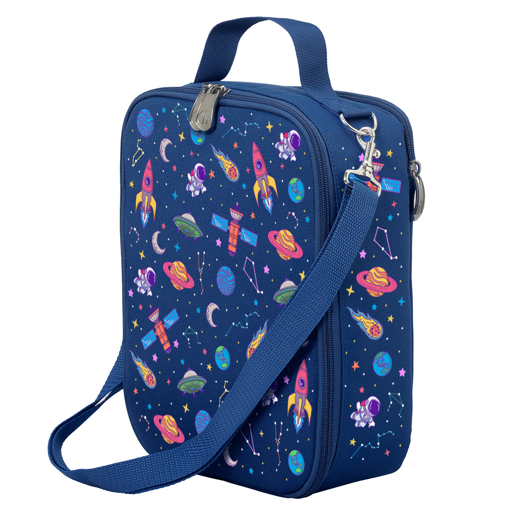 Harlequin Large Lunch bag in Navy with Galaxy Girl design from the Harlequin Creatix Signature Series. Front angle view displaying top handle, quality zippers and D-Rings with additional shoulder strap.