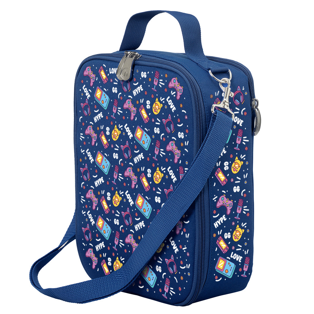 Harlequin Large Lunch bag in Navy with Pixel Chick design from the Harlequin Creatix Signature Series. Front angle view displaying top handle, quality zippers and D-Rings with additional shoulder strap.
