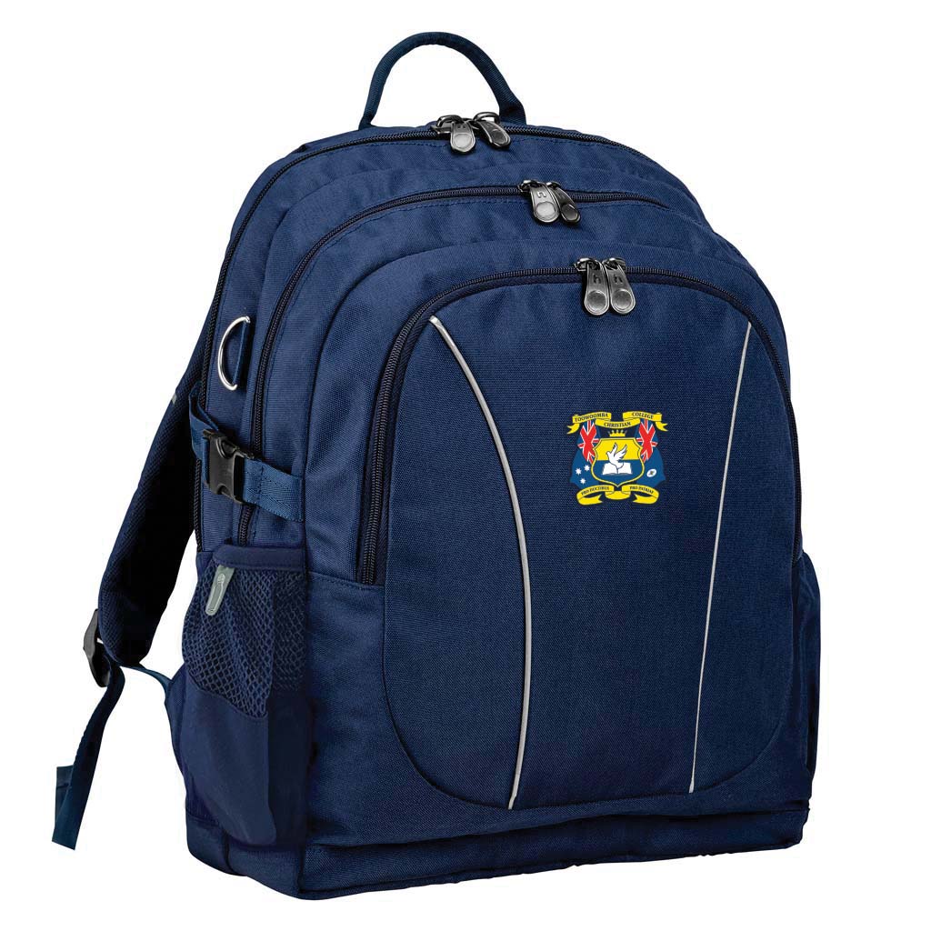 Toowoomba Christian College front angle view of the Genius Backpack in colour Navy, featuring anatomical zippers, buckles, three pockets, reflective piping, retractable side support straps, water bottle pocket, and D-ring keychain holder