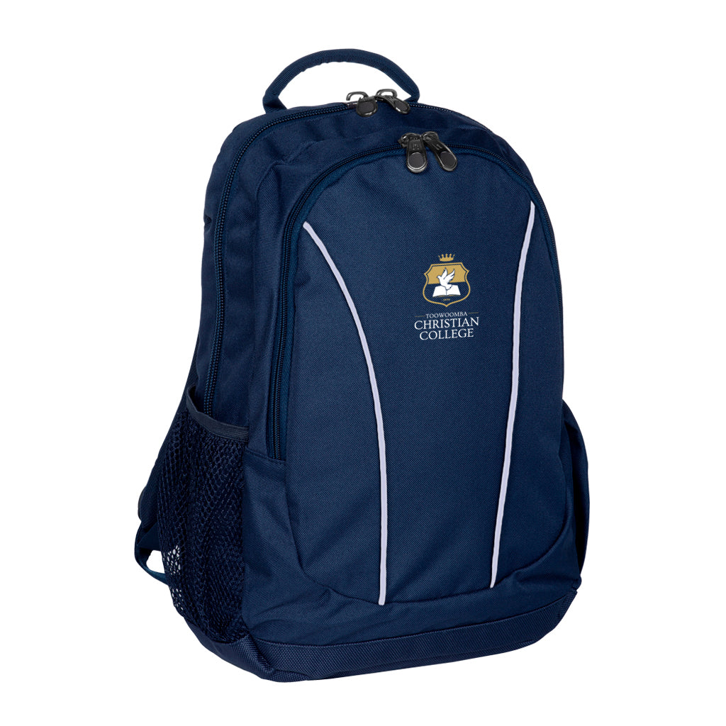 Harlequin Study Tuff-Pack in Navy displaying carry handle, mesh water bottle holder, fabric water bottle holder, front with reflective piping.