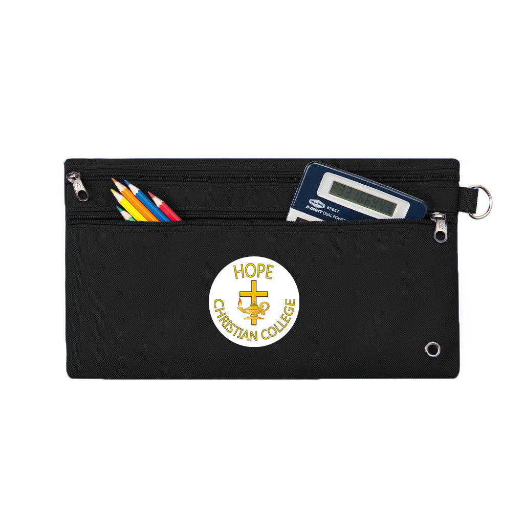 Harlequin Black pencil case front angle displaying two zip compartments and D-ring with Hope Christian logo