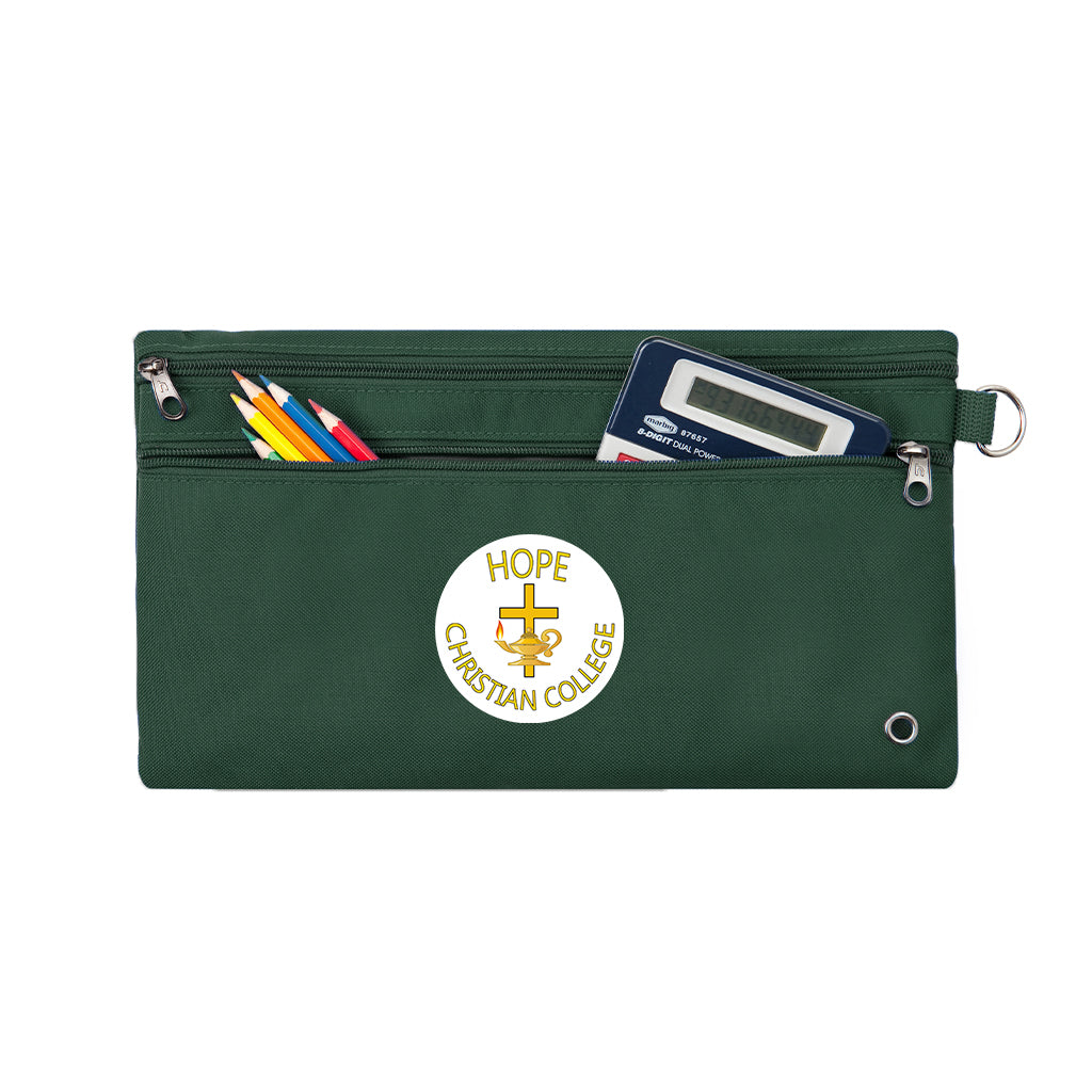 Harlequin green pencil case front angle displaying two zip compartments and D-ring with Hope Christian College logo