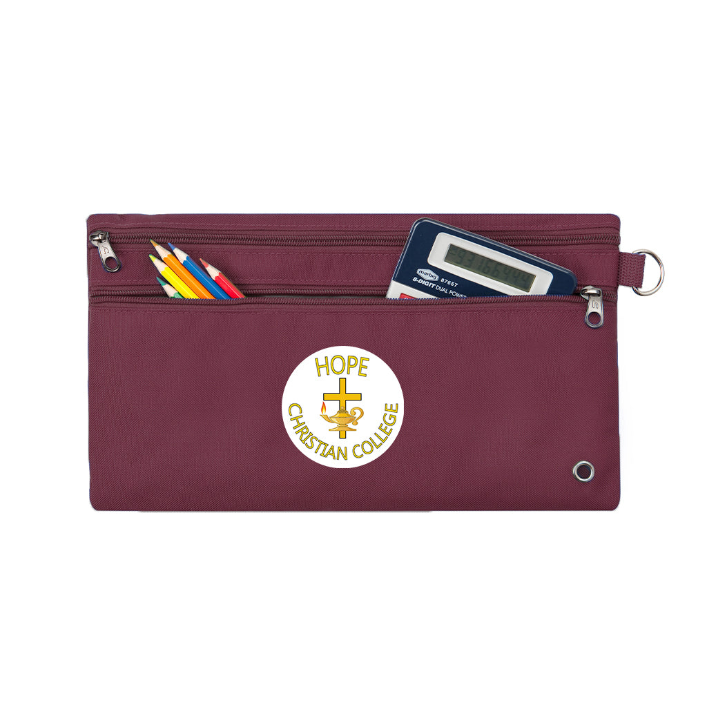 Harlequin Maroon pencil case front angle displaying two zip compartments and D-ring with Hope Christian logo