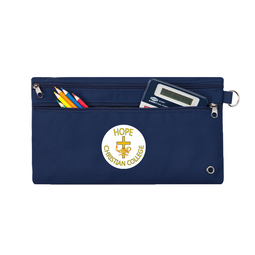 Harlequin Navy pencil case front angle displaying two zip compartments and D-ring with Hope Christian logo