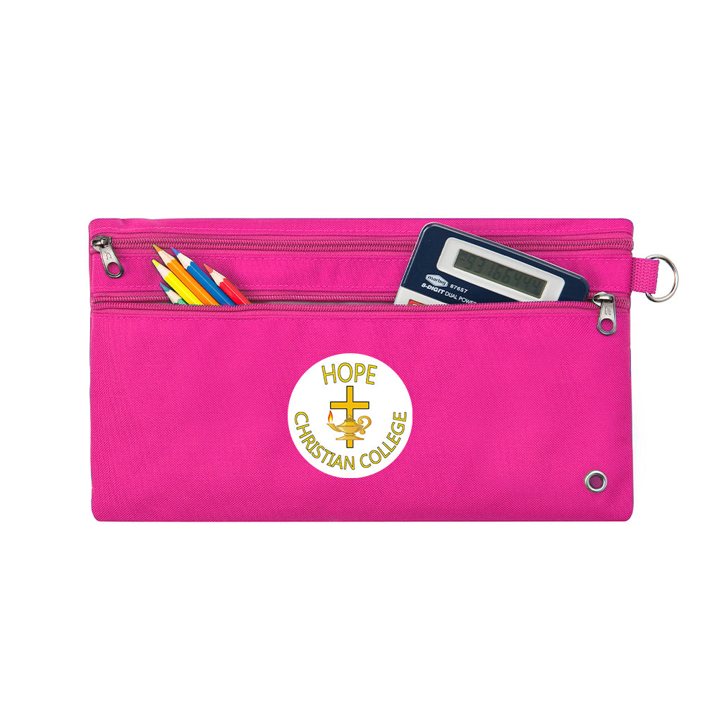 Harlequin Hot Pink pencil case front angle displaying two zip compartments and D-ring with Hope Christian logo