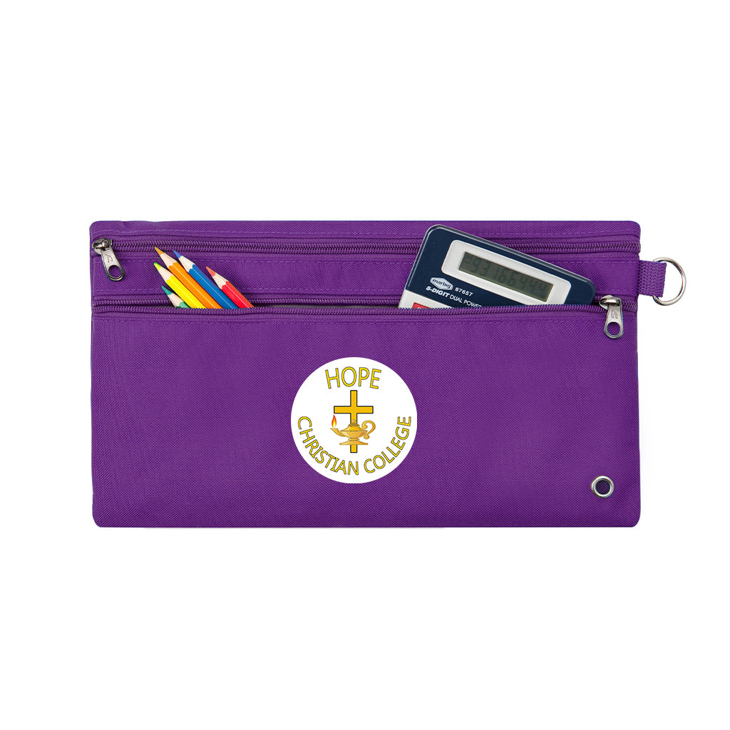 Harlequin Purple pencil case front angle displaying two zip compartments and D-ring with Hope Christian logo