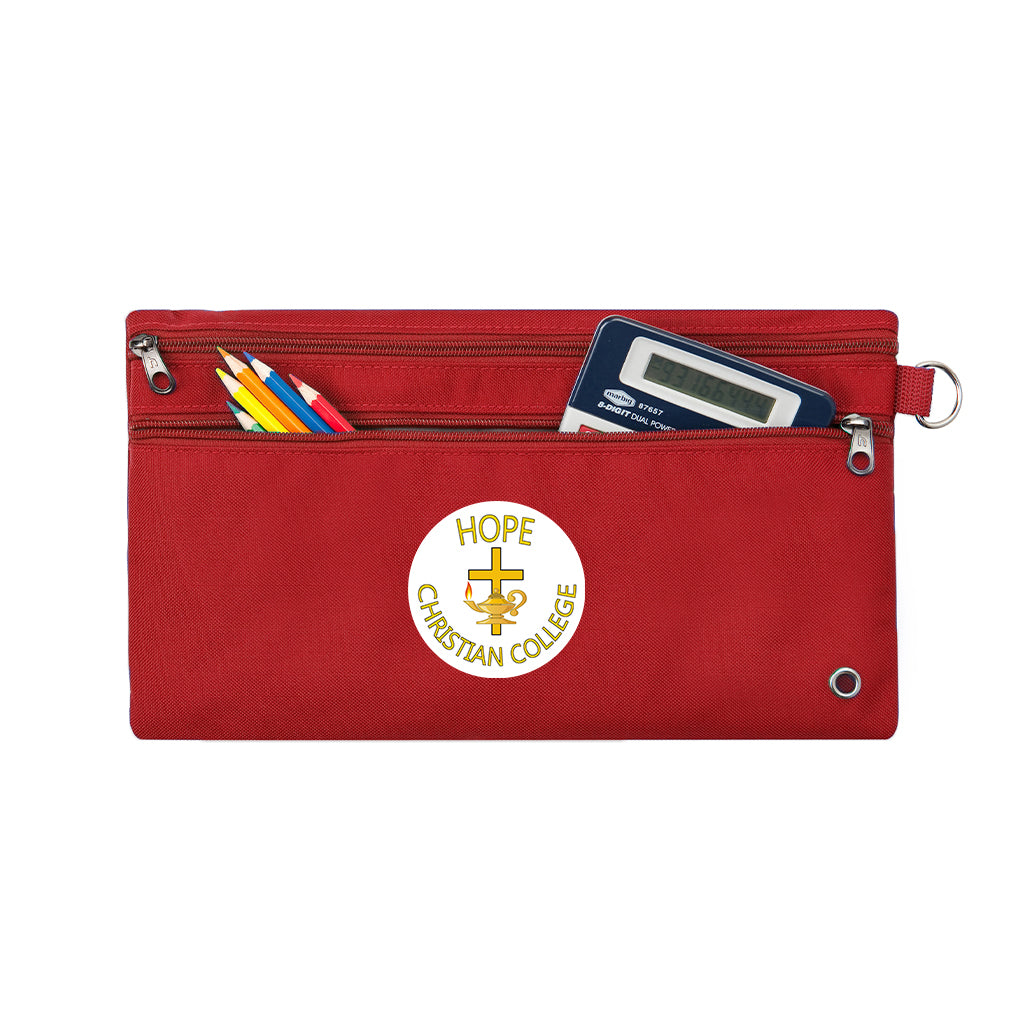Harlequin Red pencil case front angle displaying two zip compartments and D-ring with Hope Christian logo
