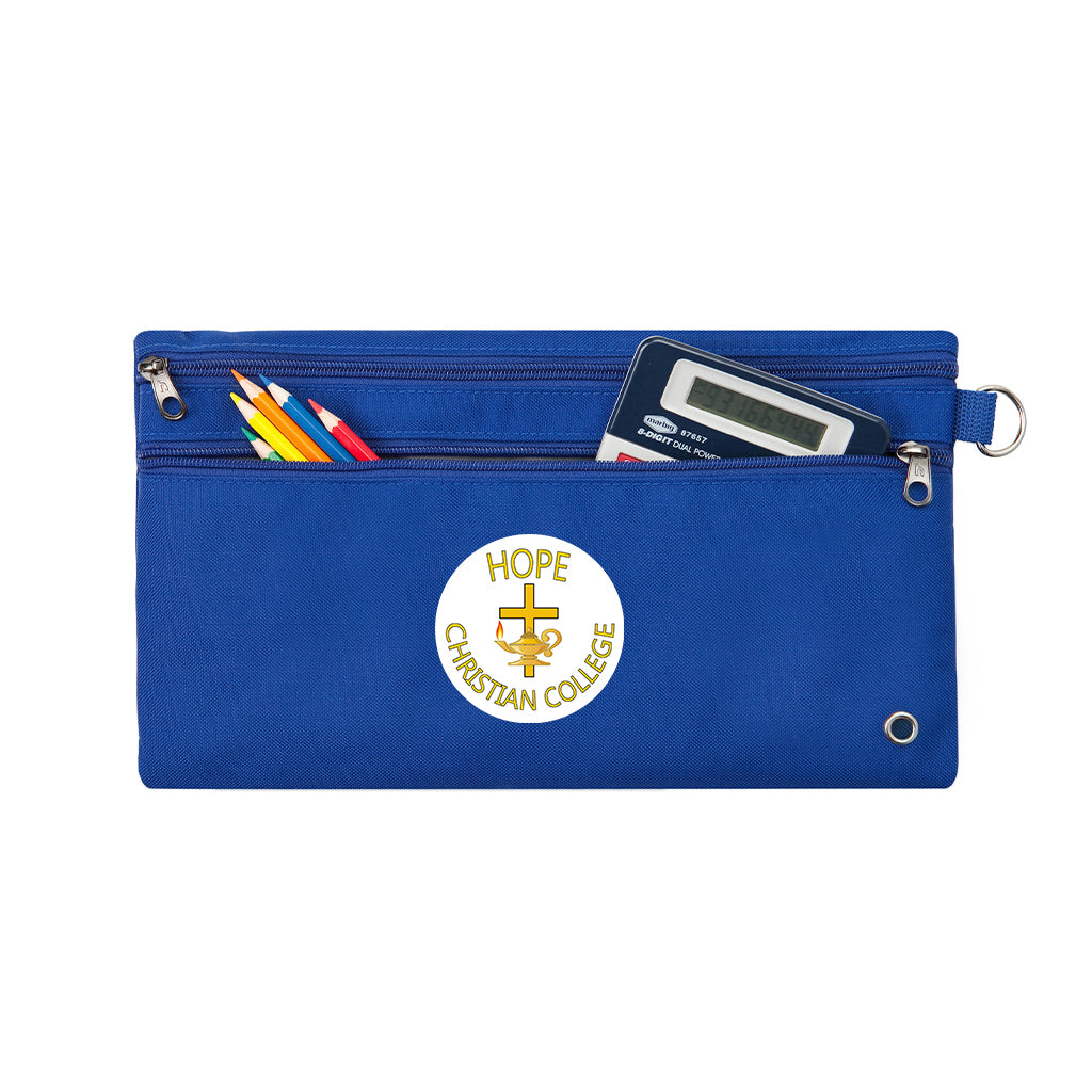 Harlequin Royal pencil case front angle displaying two zip compartments and D-ring with Hope Christian logo