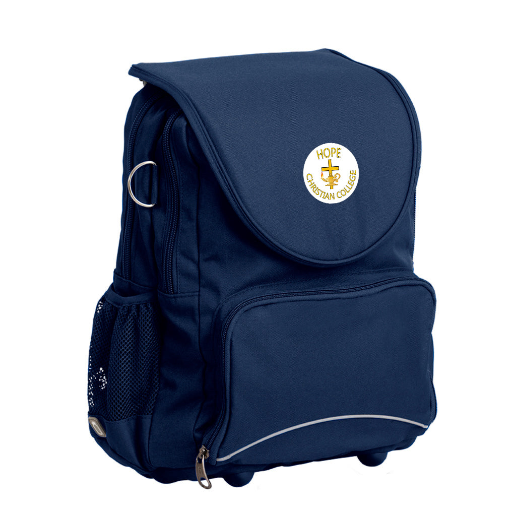 Harlequin posture backPack shown in navy blue, side angle and front pocket with Hope christian logo