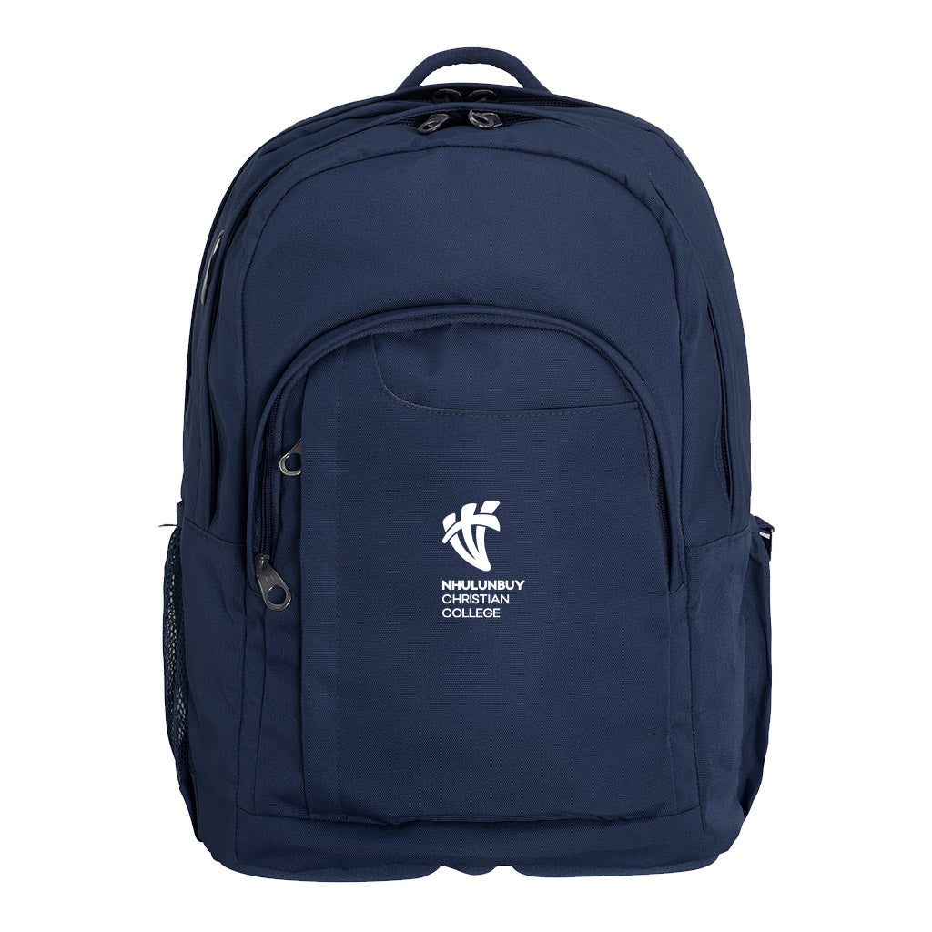 Harlequin Osteo in front side angle displaying carry handle, two top zipper compartments, front pocket with two zip compartments, D ring and mesh water bottle holder