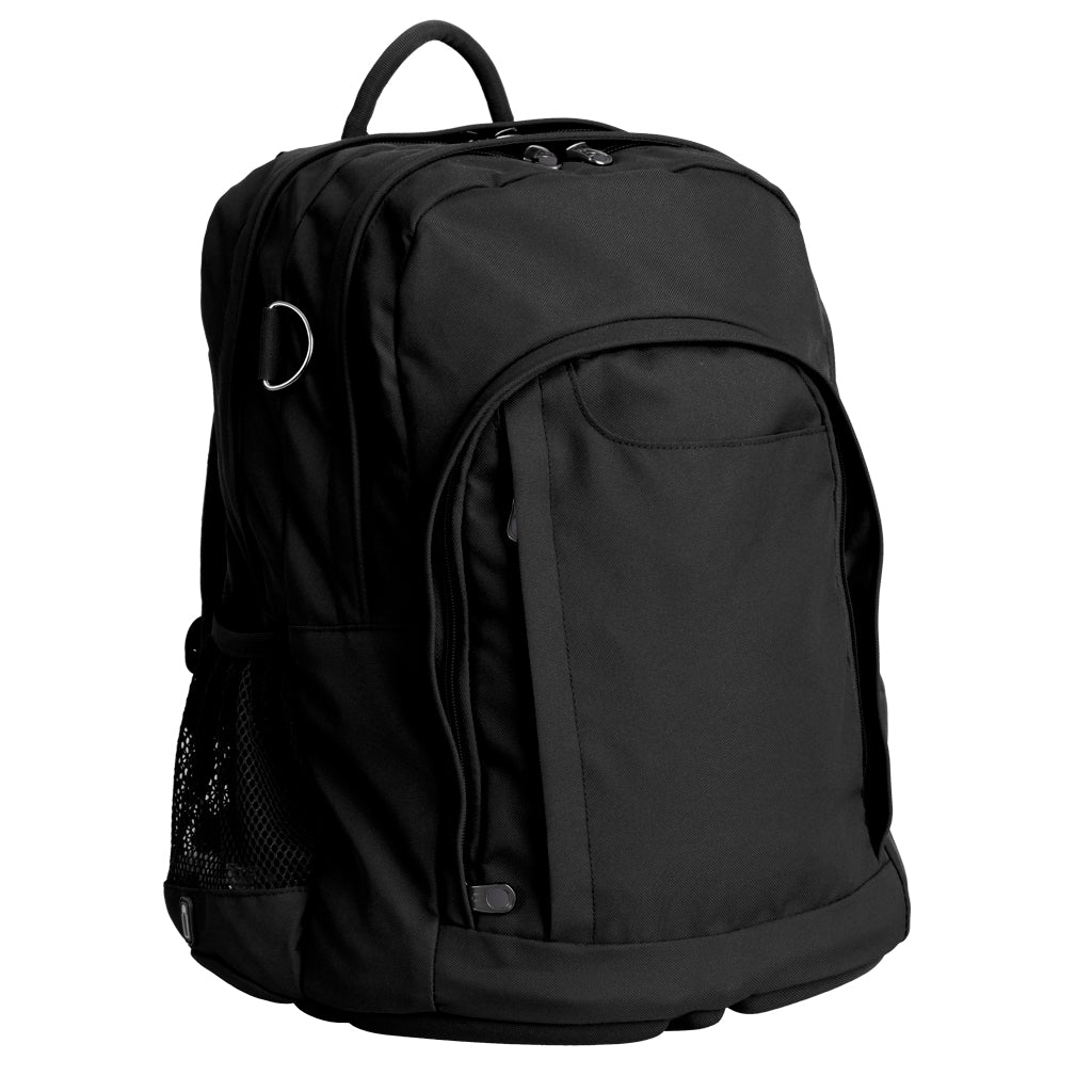 Harlequin Osteo in black front side angle displaying carry handle, two top zipper compartments, front pocket with two zip compartments, D ring and mesh water bottle holder
