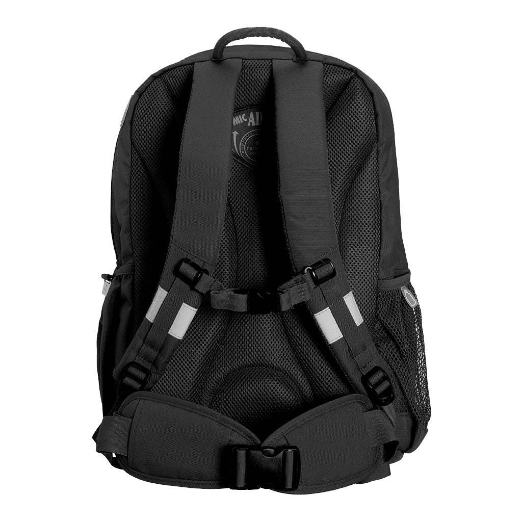 Harlequin Osteo backpack in black back angle displaying carry handle, thick padded shoulder straps, adjustable waist straps with cushioned hip pads, padded back padding, mesh water bottle holder
