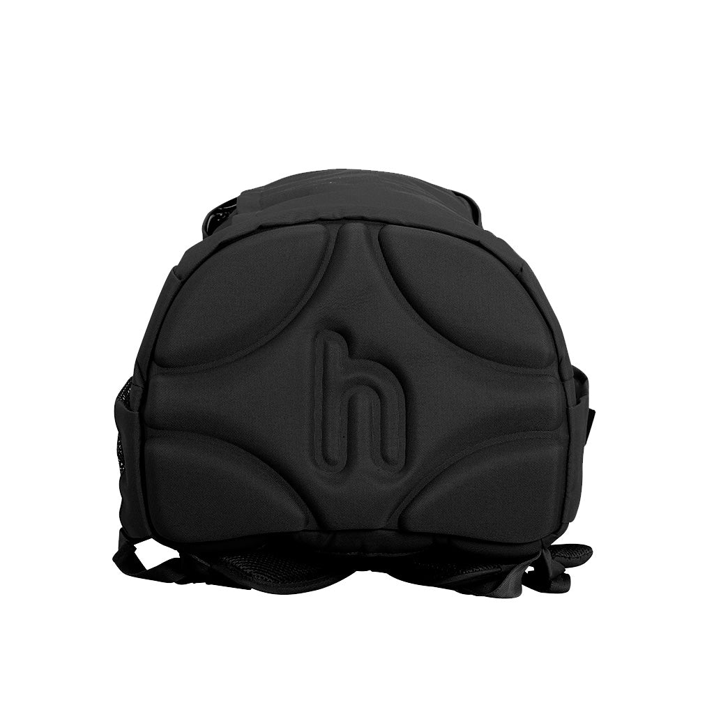 Harlequin Osteo backpack in black bottom view displaying hard wearing, moulded EVA hard base with feet stabilisers