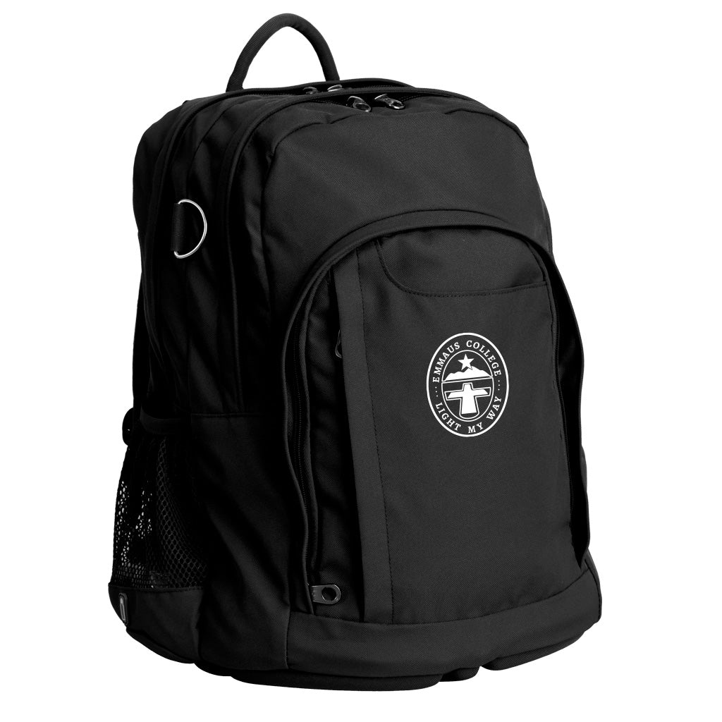 Harlequin Osteo in front side angle displaying carry handle, two top zipper compartments, front pocket with two zip compartments, D ring and mesh water bottle holder