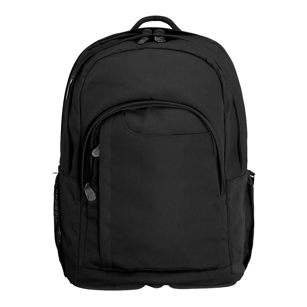 Harlequin Osteo in navy front angle displaying carry handle, two top zipper compartments, front pocket with two zip compartments, D ring and mesh water bottle holder