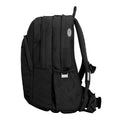 Harlequin Osteo backpack in black side angle displaying carry handle, two top zipper compartments, front pocket with two zip compartments and water bottle holder