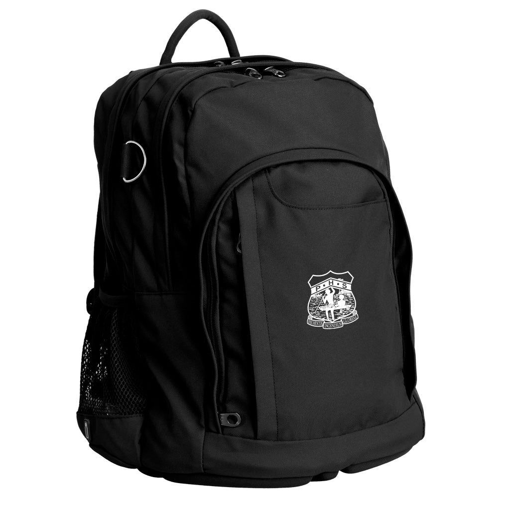 Osteo Backpack colour Black in front side angle displaying carry handle, two top zipper compartments, front pocket with two zip compartments, D ring and mesh water bottle holder Parramatta High School logo