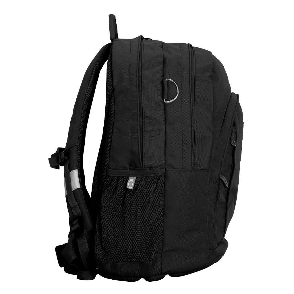 Harlequin Osteo backpack in black side angle displaying carry handle, two top zipper compartments, front pocket with two zip compartments, D ring and mesh water bottle holder