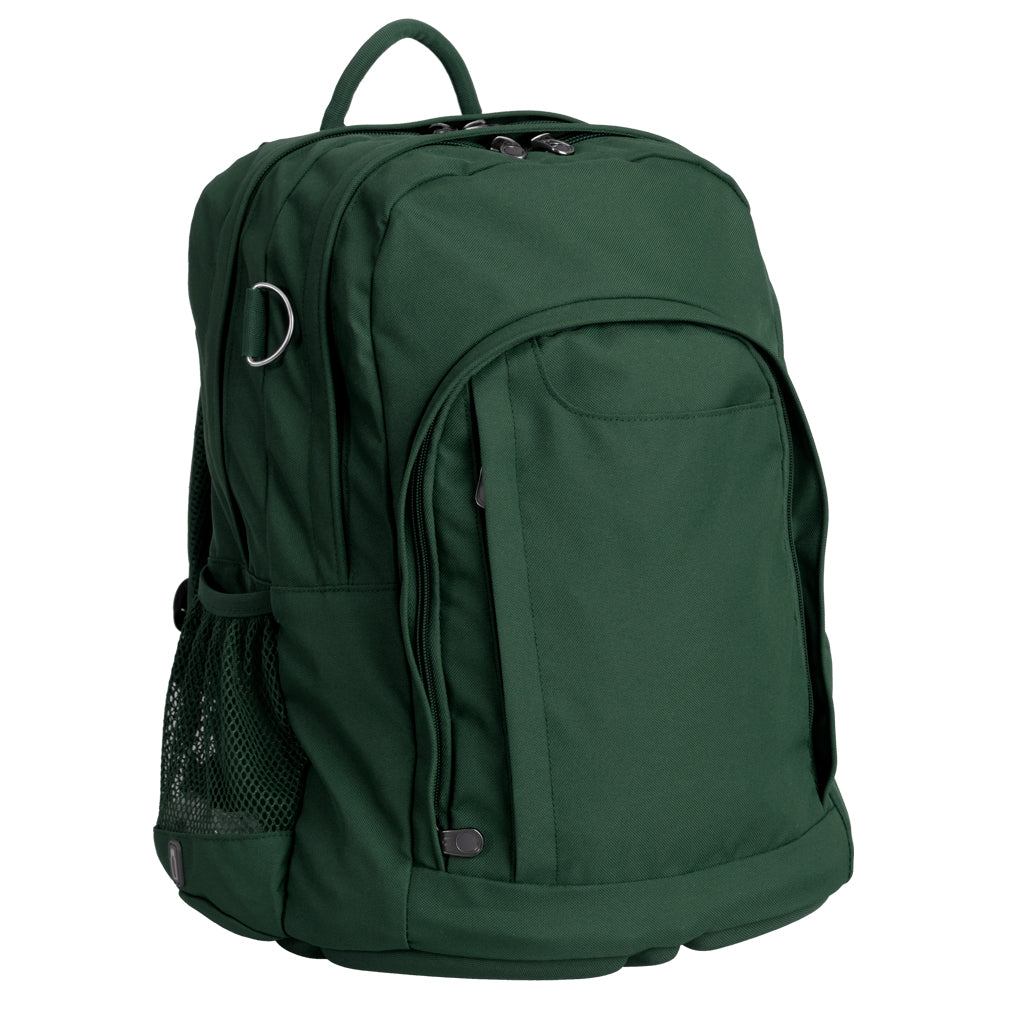 Harlequin Osteo in green front side angle displaying carry handle, two top zipper compartments, front pocket with two zip compartments, D ring and mesh water bottle holder