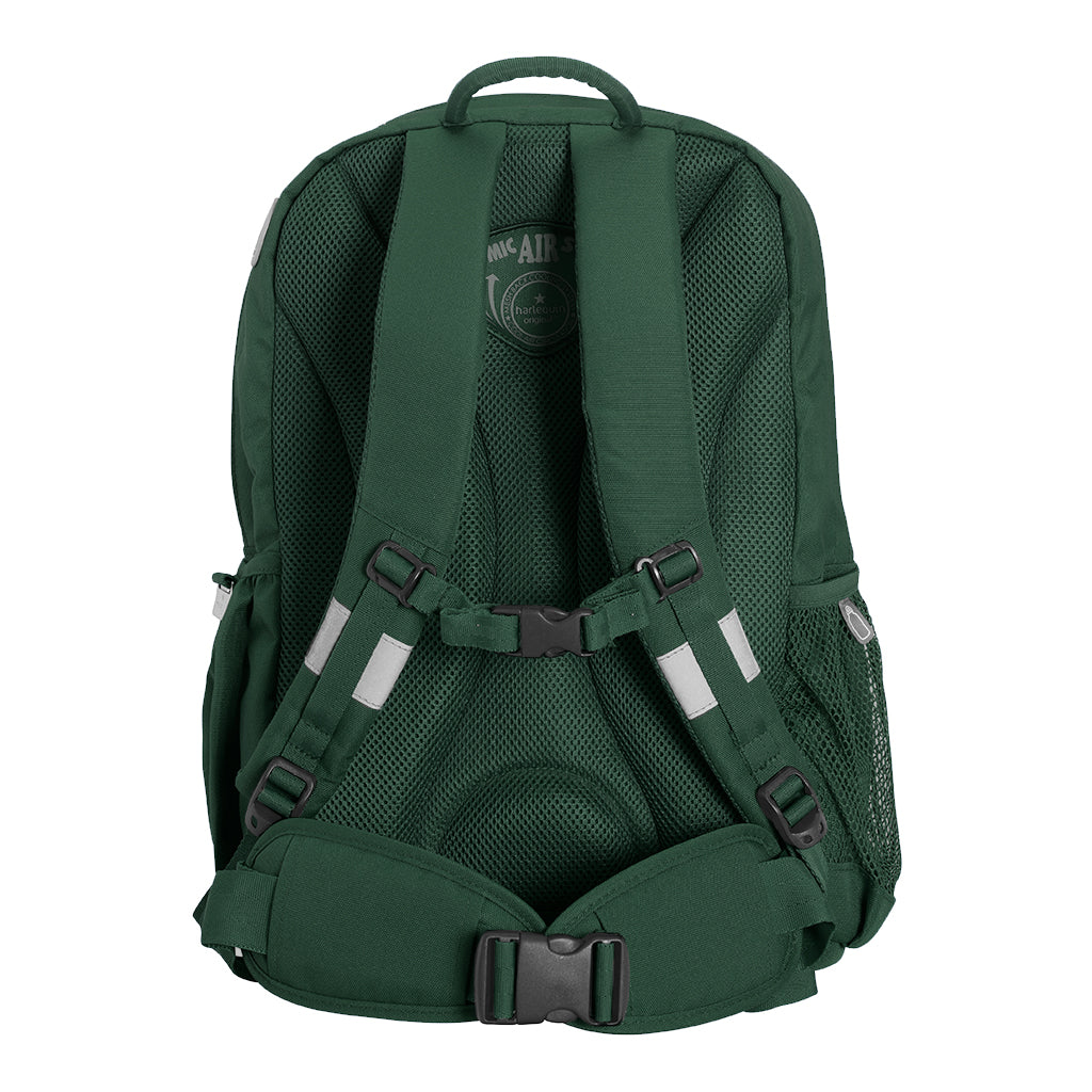 Harlequin Osteo in green back angle displaying carry handle, thick padded shoulder straps, adjustable waist straps with cushioned hip pads, padded back padding, mesh water bottle holder