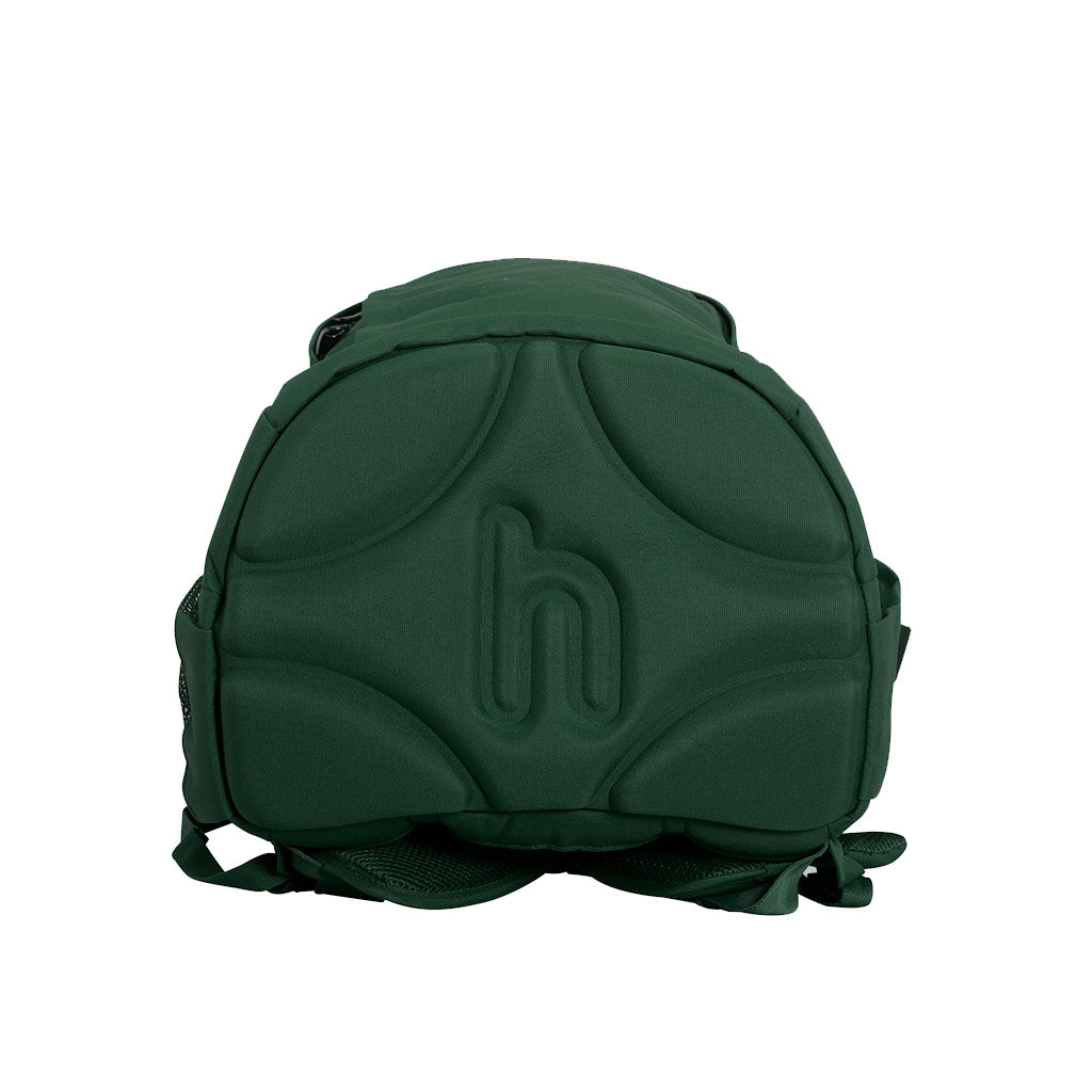 Harlequin Osteo backpack in green bottom view displaying hard wearing, moulded EVA hard base with feet stabilisers