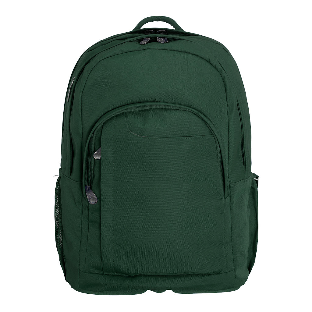 Harlequin Osteo in green front angle displaying carry handle, two top zipper compartments, front pocket with two zip compartments, D ring and mesh water bottle holder