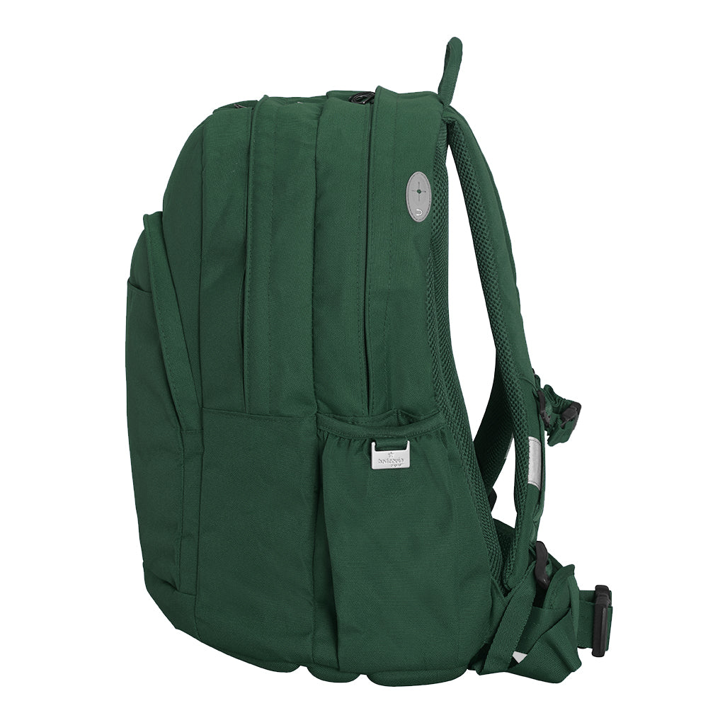 Harlequin Osteo backpack in green side angle displaying carry handle, two top zipper compartments, front pocket with two zip compartments and water bottle holder