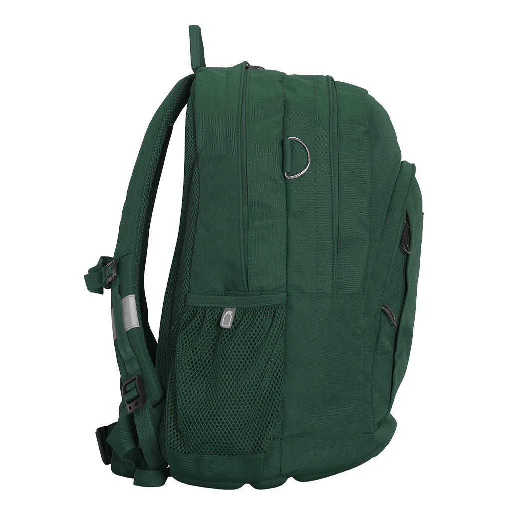 Harlequin Osteo backpack in green side angle displaying carry handle, two top zipper compartments, front pocket with two zip compartments, D ring and mesh water bottle holder