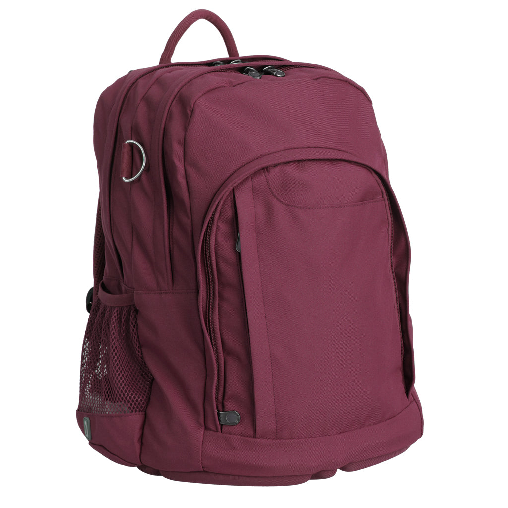 Harlequin Osteo in maroon front side angle displaying carry handle, two top zipper compartments, front pocket with two zip compartments, D ring and mesh water bottle holder