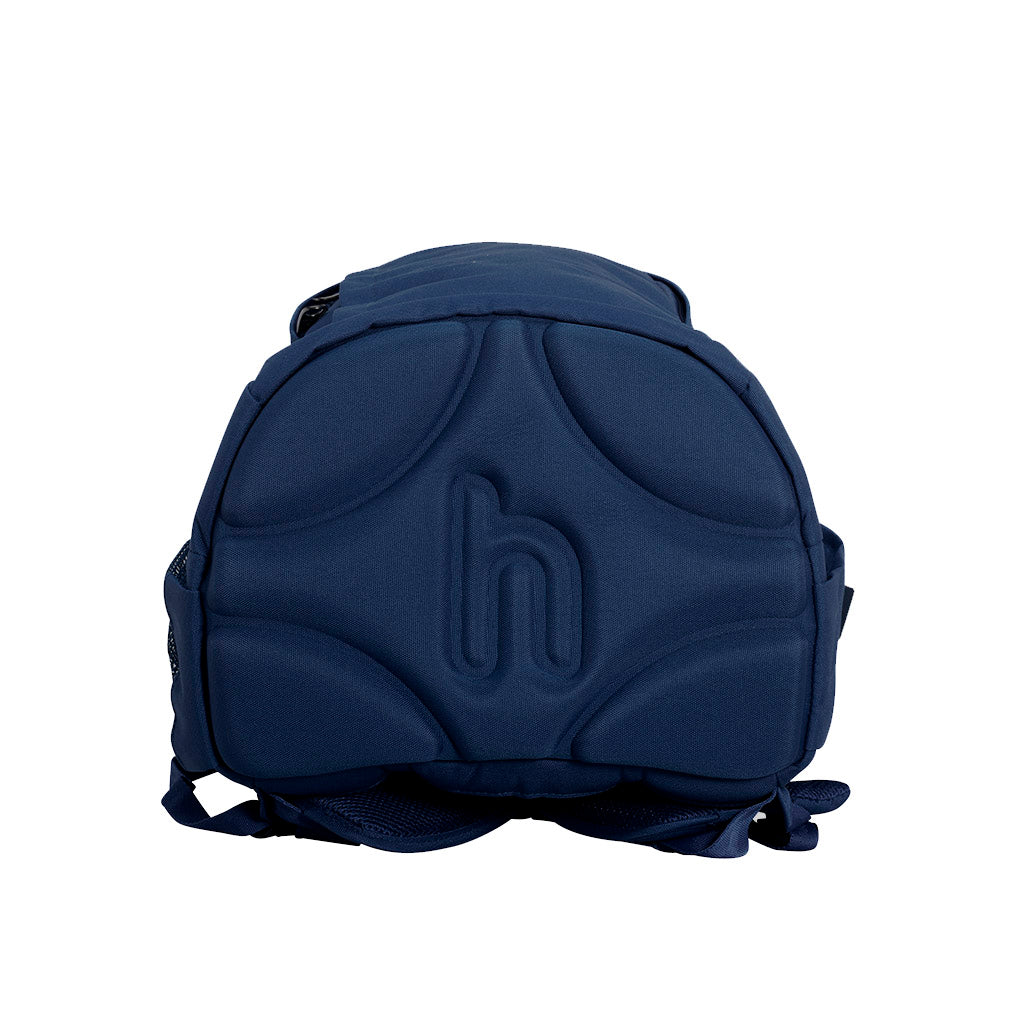 Harlequin Osteo backpack in navy bottom view displaying hard wearing, moulded EVA hard base with feet stabilisers