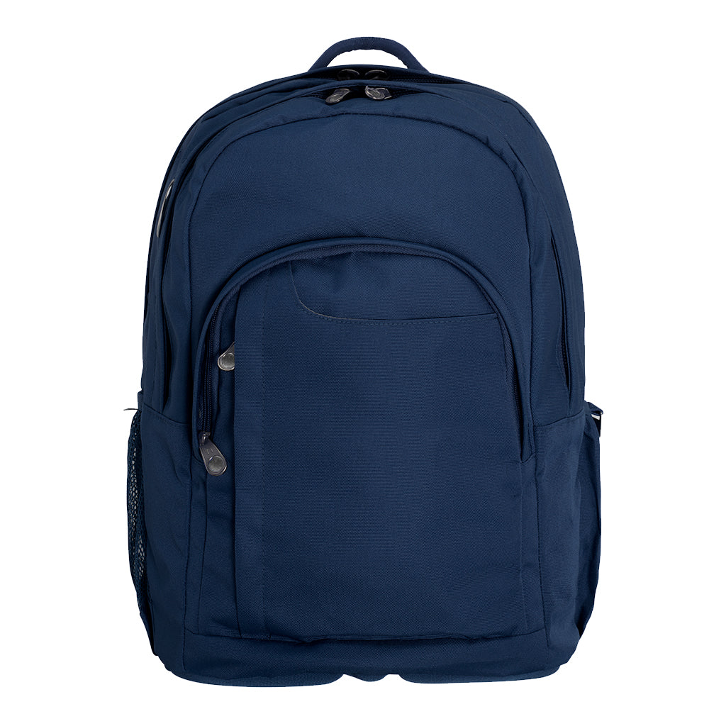 Harlequin Osteo in navy front angle displaying carry handle, two top zipper compartments, front pocket with two zip compartments, D ring and mesh water bottle holder