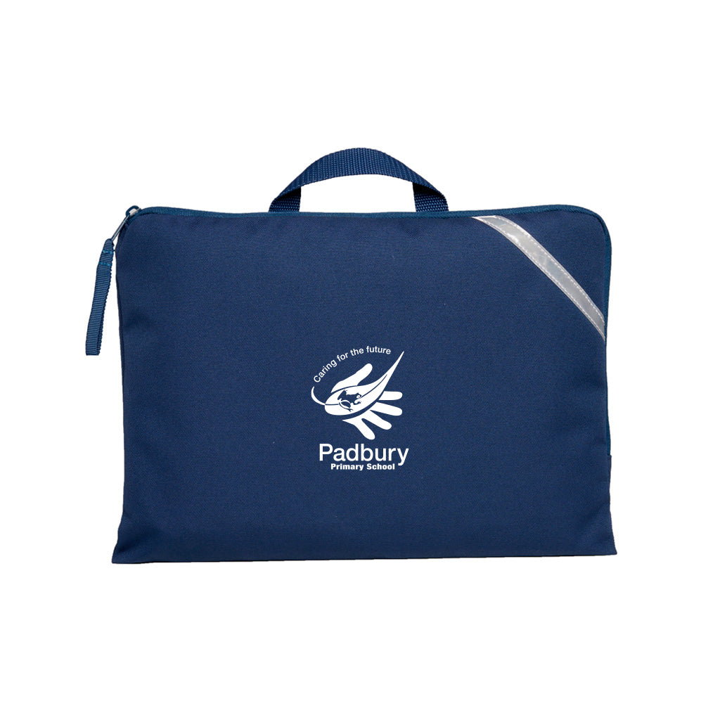 Navy Q Book Bag, with single zip opening, handle and reflective strips and Padbury Primary School logo