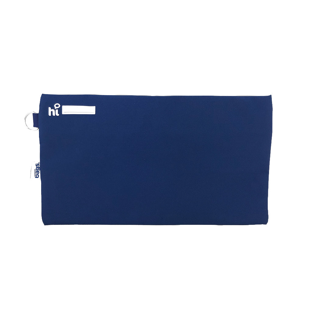 Back view of Harlequin Navy pencil case showing two zippered compartments, a D-ring, name tag label, and water-repellent fabric