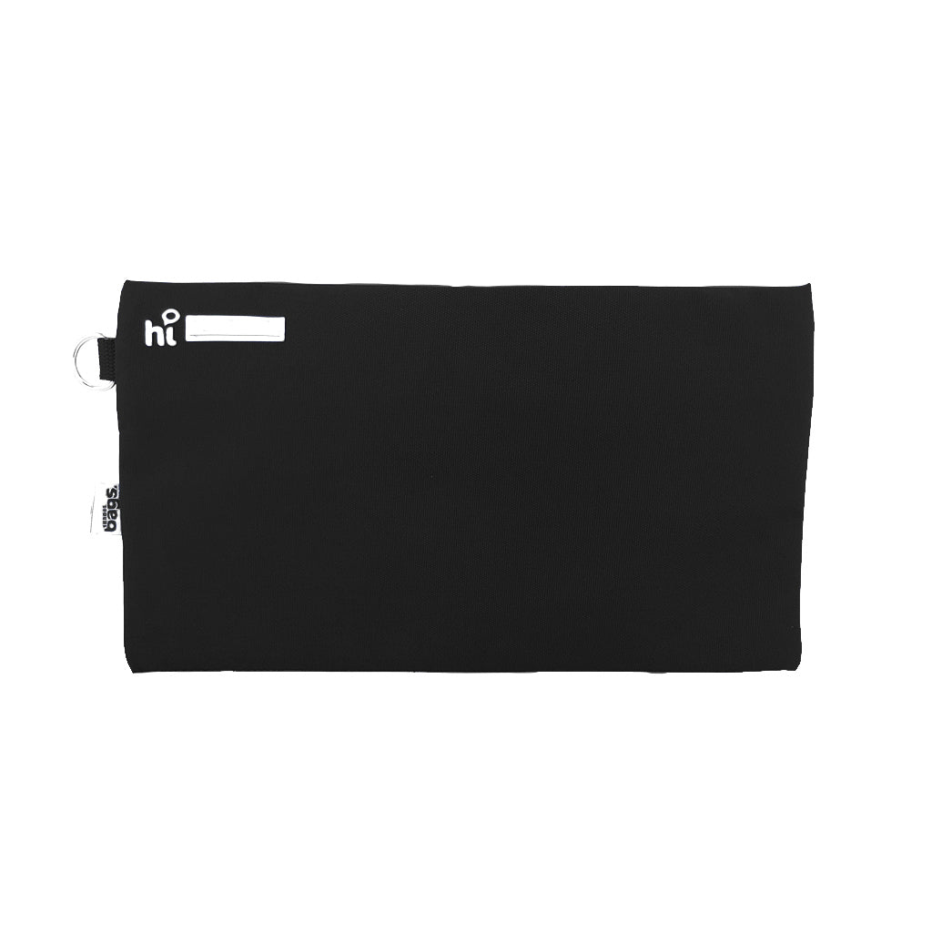 Back view of Harlequin black pencil case showing two zippered compartments, a D-ring, name tag label, and water-repellent fabric