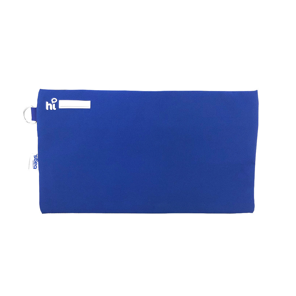 Back view of Harlequin royal blue pencil case showing two zippered compartments, a D-ring, name tag label, and water-repellent fabric