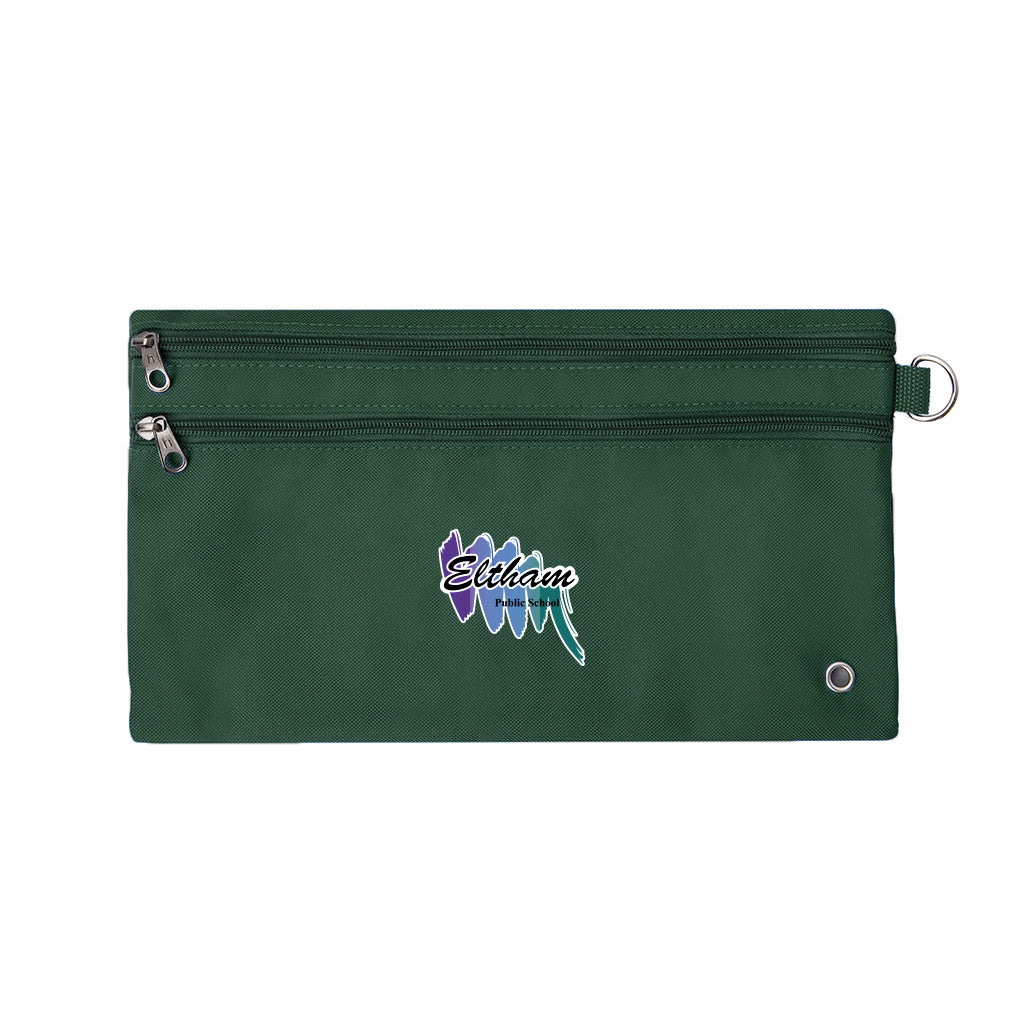 Harlequin bottle green pencil case front angle displaying two zip compartments , D-ring and eltham public school logo