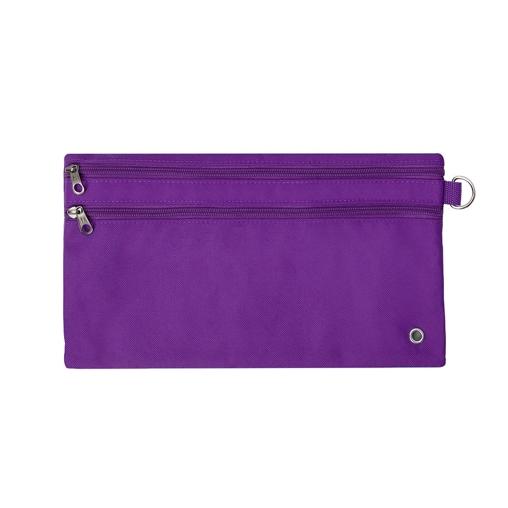Harlequin purple pencil case front angle displaying two zip compartments and D-ring