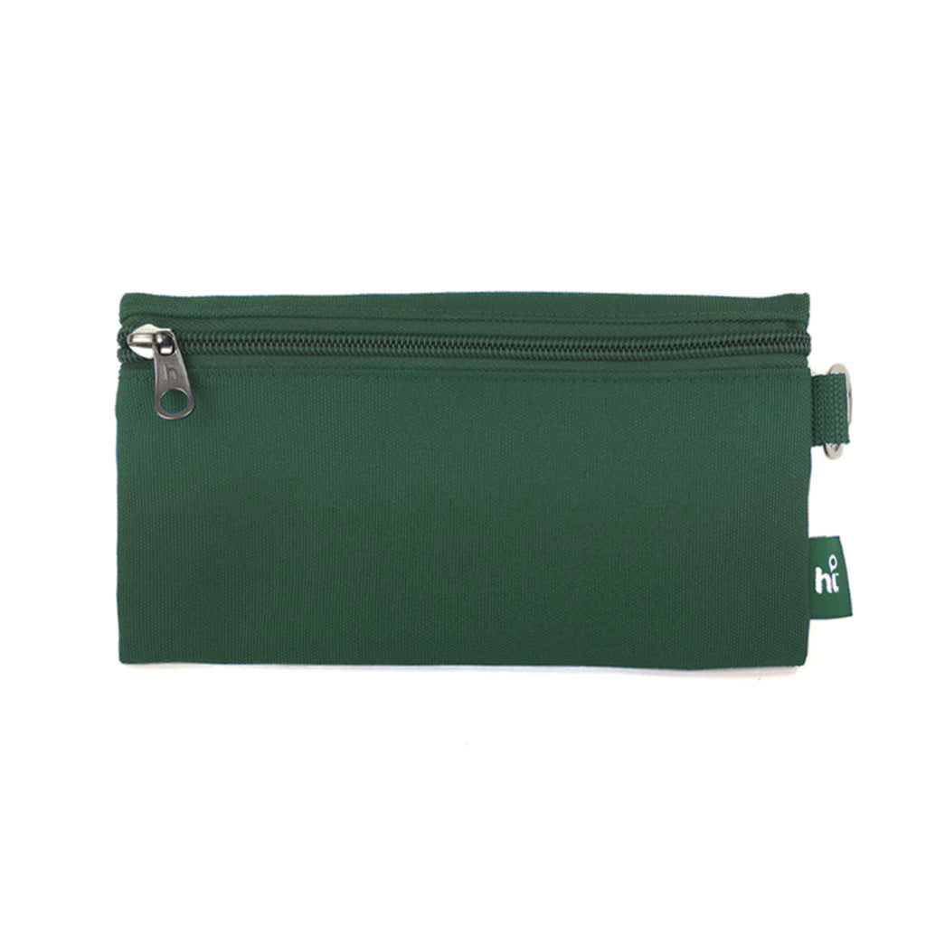 Harlequin Single Pencil Case in Green front angle displaying one zip compartments and D-ring