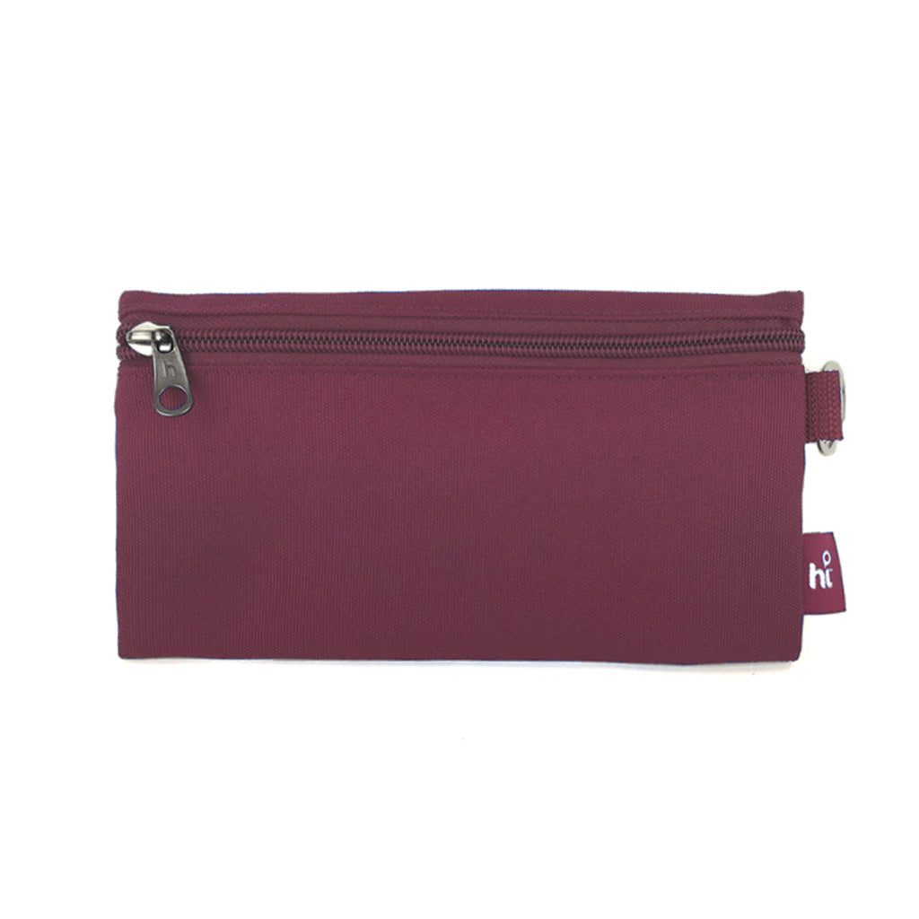 Harlequin Single Pencil Case in Maroon front angle displaying one zip compartments and D-ring