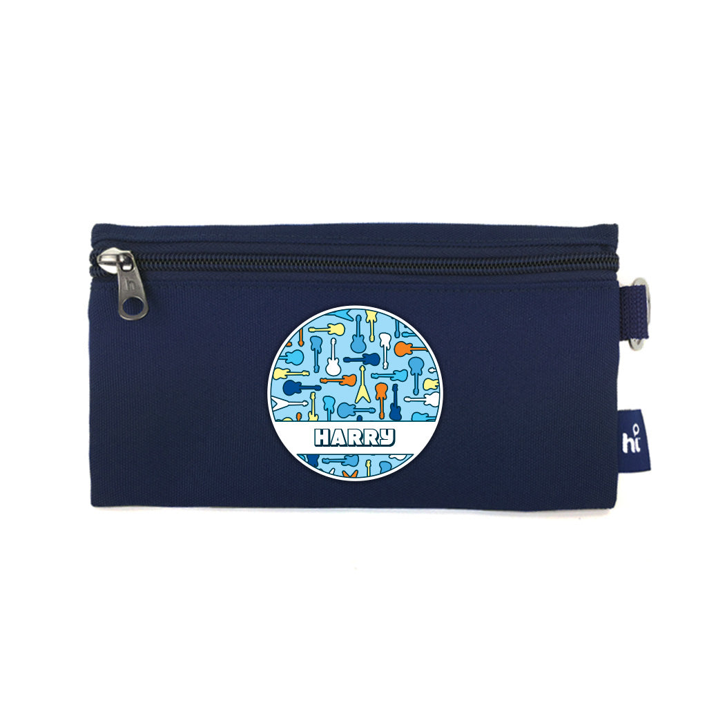 Harlequin Single Pencil Case in Navy front angle displaying one zip compartments and D-ring with personalisation