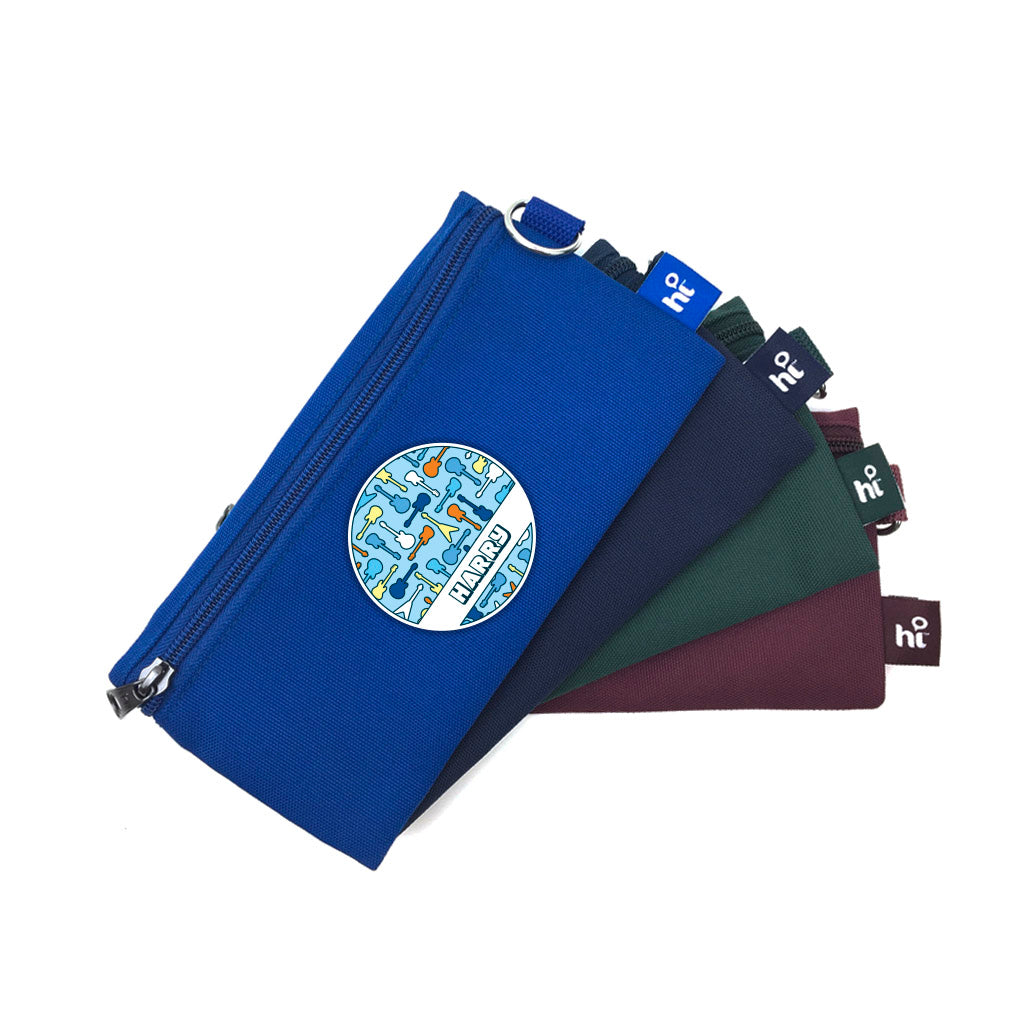Harlequin Single Pencil Case front angle displaying one zip compartments and D-ring with personalisation