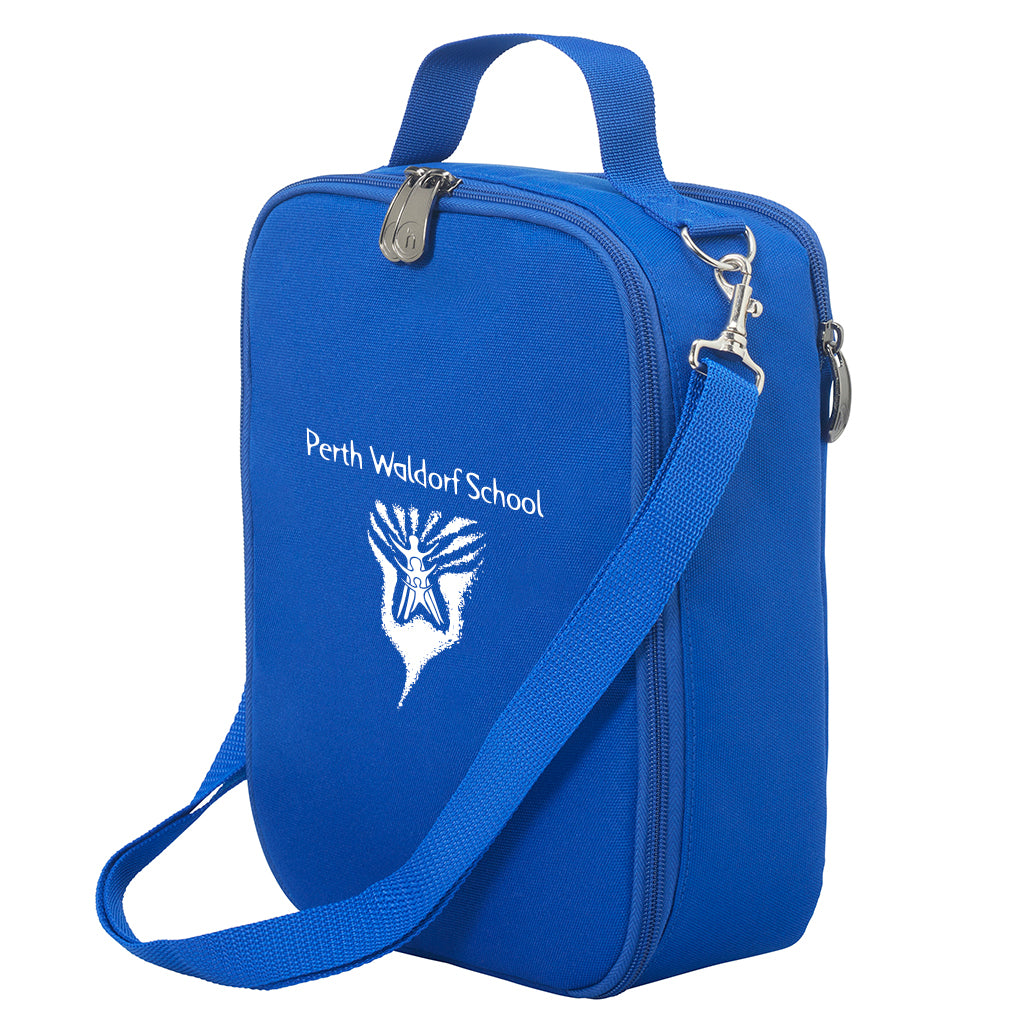 Harlequin lunch bag in royal colour front side angle displaying carry handle and strap, durable water repellent material with Perth Waldorf School logo