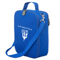 Harlequin lunch bag in royal colour front side angle displaying carry handle and strap, durable water repellent material with Perth Waldorf School logo