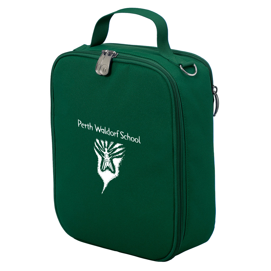 Harlequin lunch bag in green colour front side angle displaying carry handle, durable water repellent material with Perth Waldorf School logo