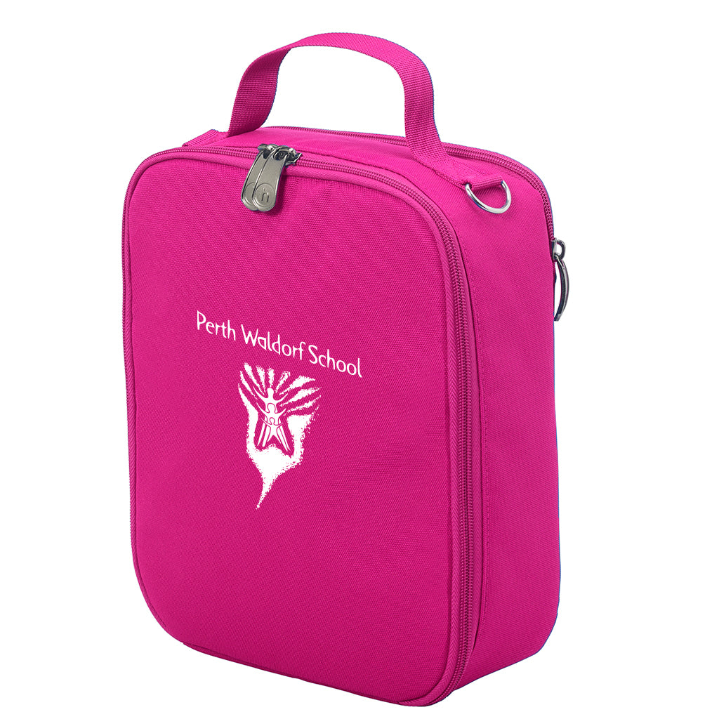 Harlequin lunch bag in pink colour front side angle displaying carry handle, durable water repellent material with Perth Waldorf School logo