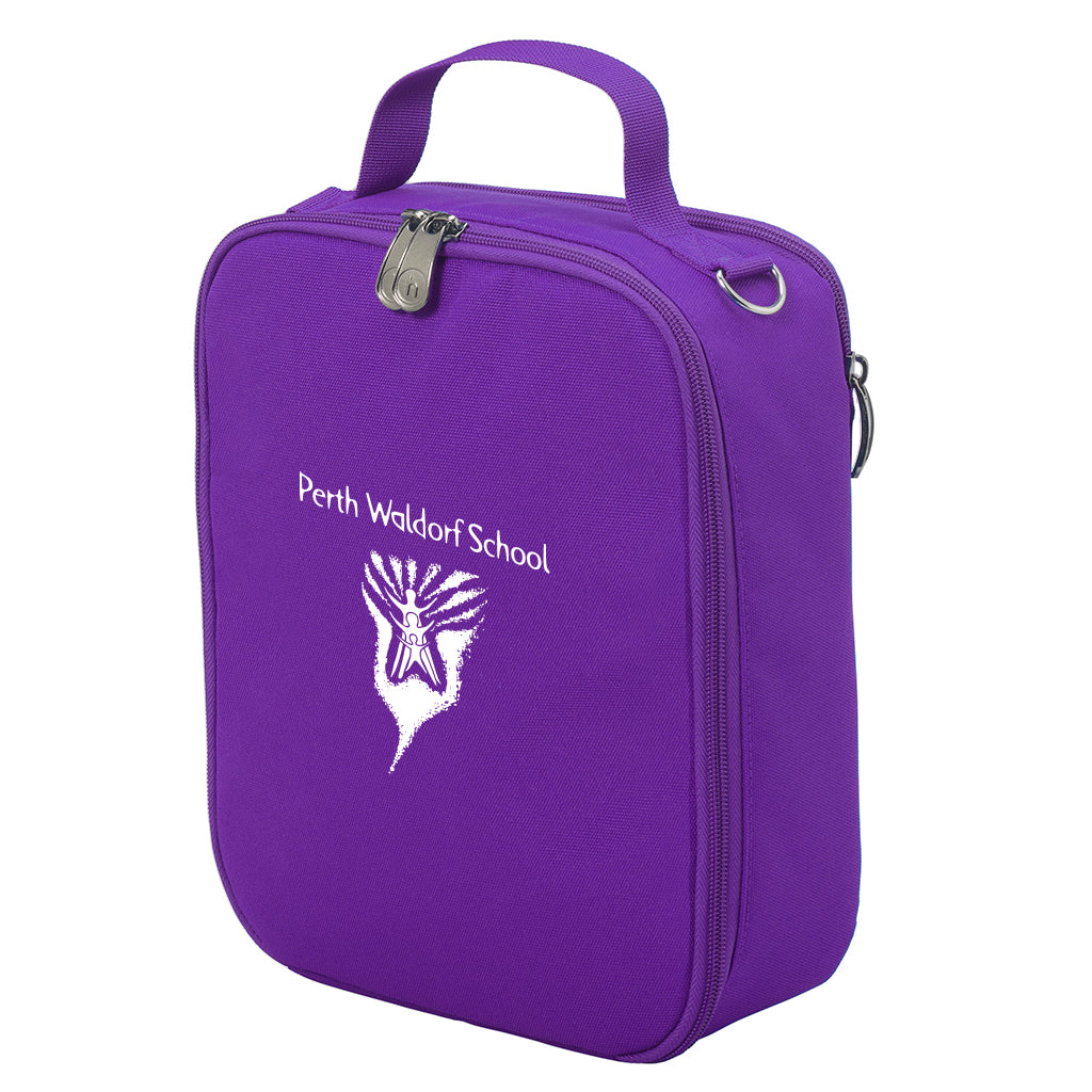 Harlequin lunch bag in purple colour front side angle displaying carry handle, durable water repellent material with Perth Waldorf School logo