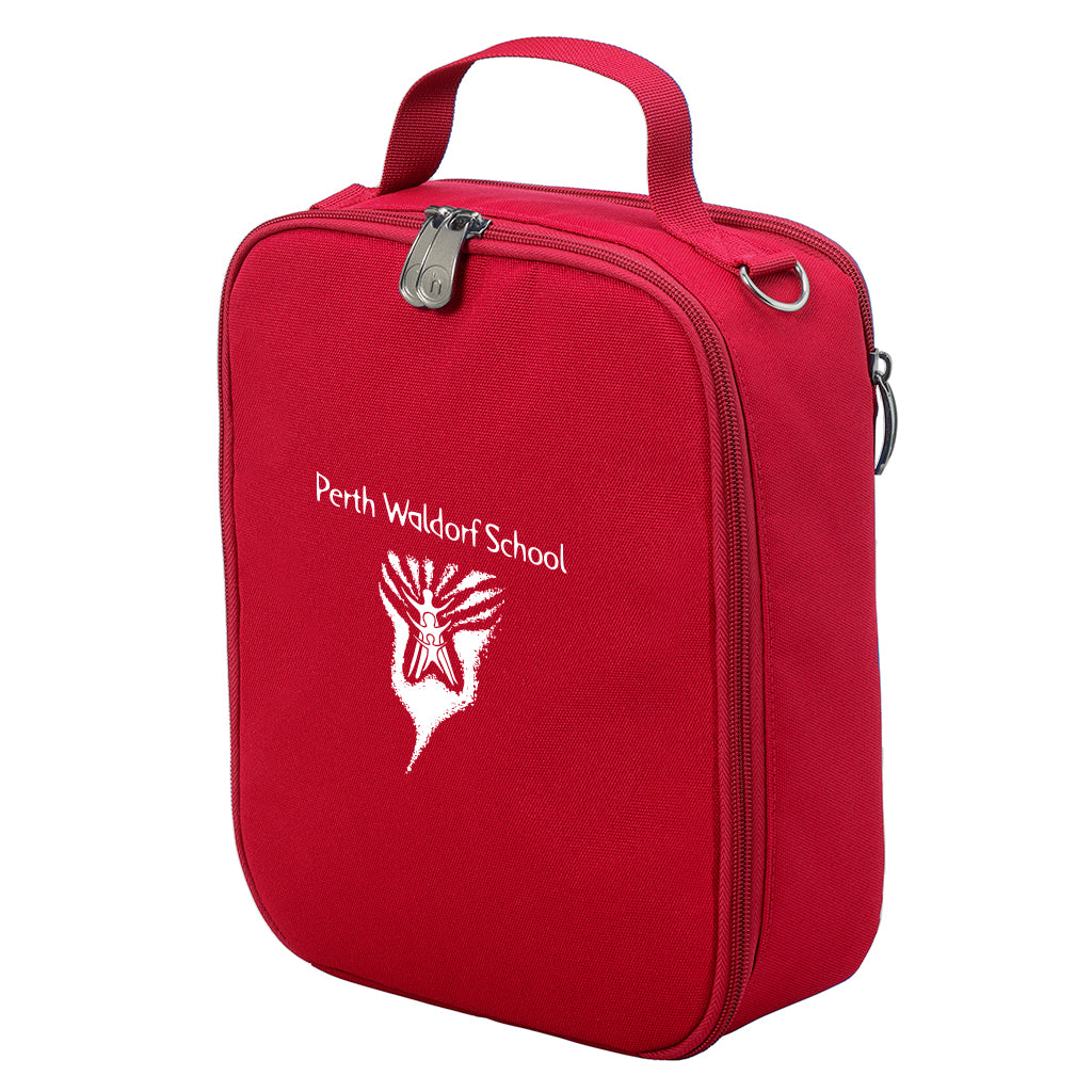 Harlequin lunch bag in red colour front side angle displaying carry handle, durable water repellent material with Perth Waldorf School logo