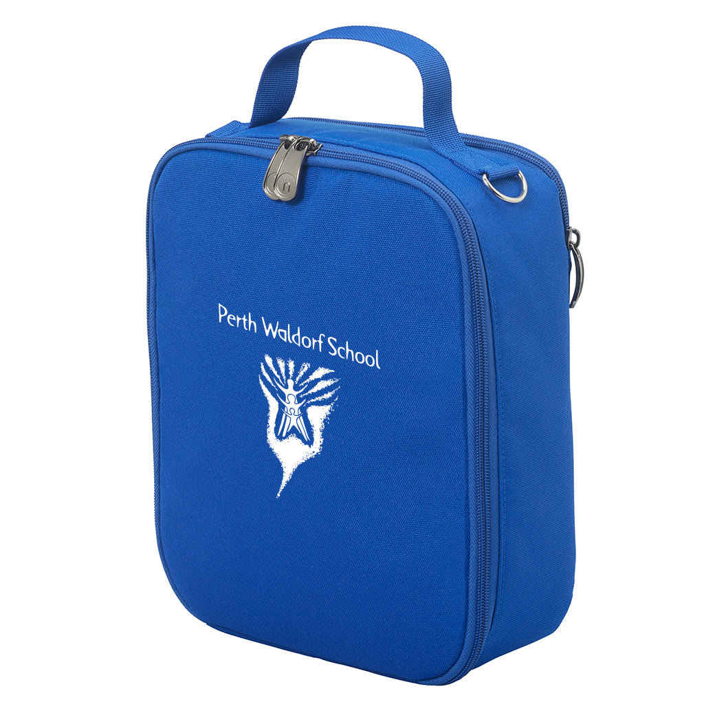 Harlequin lunch bag in royal blue colour front side angle displaying carry handle, durable water repellent material with Perth Waldorf School logo