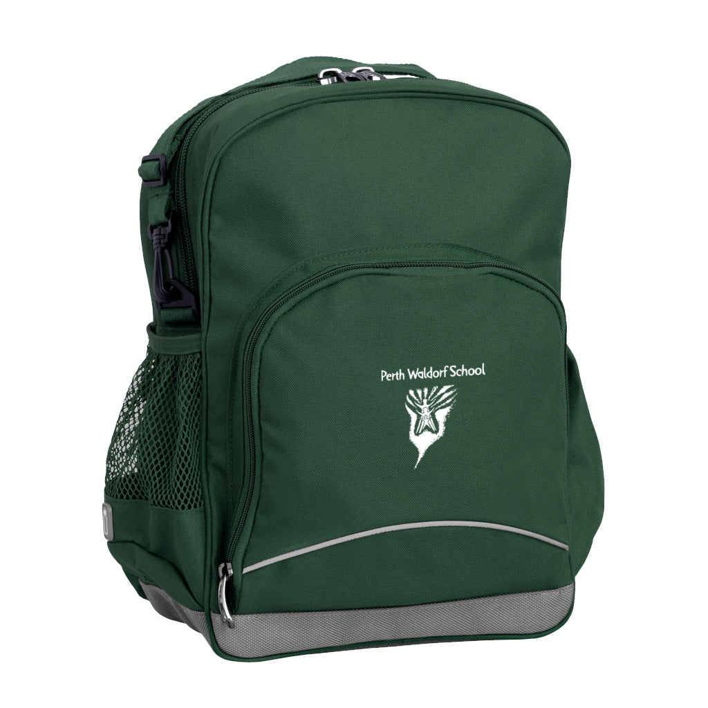 Perth Waldorf School front angle view of the Kindy Backpack in colour Bottle Green featuring a small front pocket, spacious main compartment with D-ring keychain, detachable shoulder strap, mesh water bottle pocket, and reflective piping for visibility